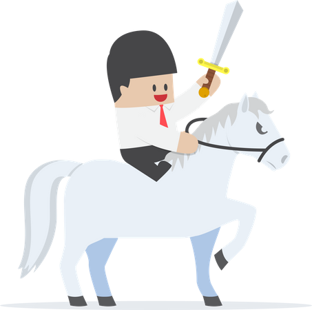 Businessman riding white horse and holding sword Illustration