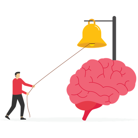 Businessman ring the bell in his brain to awaken self-awareness and sensitivity to the situation  Illustration