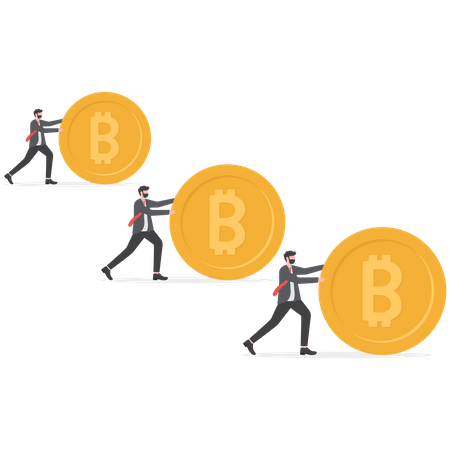 Businessman rolling and pushing Bitcoin coins smoothly to the goal of success  Illustration