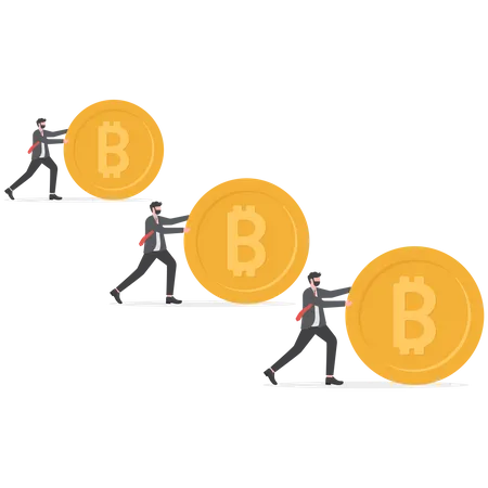 Businessmen Rolling And Pushing Bitcoin Coins Smoothly To The Goal Of Success Business Finance Leadership Illustration