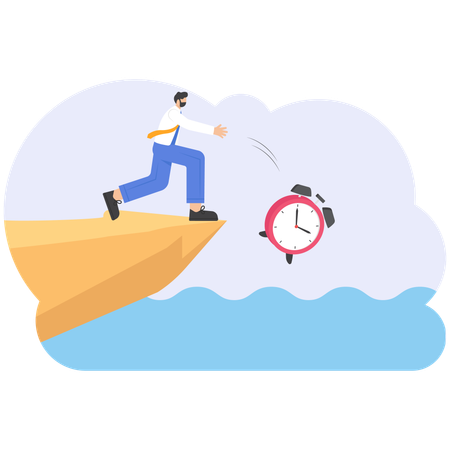 Businessman rolling big clock off a cliff  Illustration