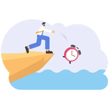 Businessman rolling big clock off a cliff  Illustration