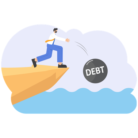 Businessman rolling debt burden off a cliff  Illustration