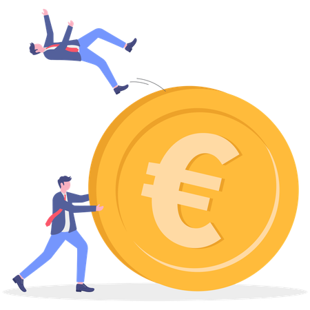 ビジネスマンがユーロ通貨を転がす  イラスト