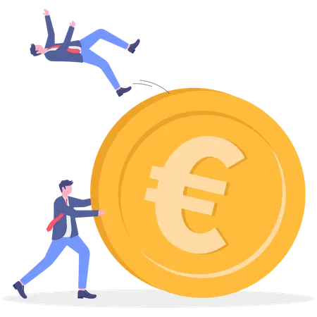 ビジネスマンがユーロ通貨を転がす  イラスト