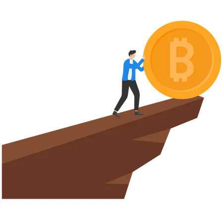 Businessman rolls giant bitcoin on the edge of cliff  Illustration