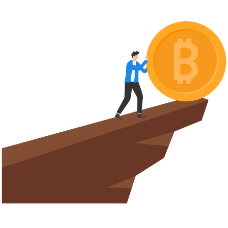 Businessman rolls giant bitcoin on the edge of cliff  Illustration