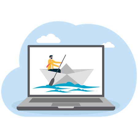 Businessman rowing on boat  Illustration