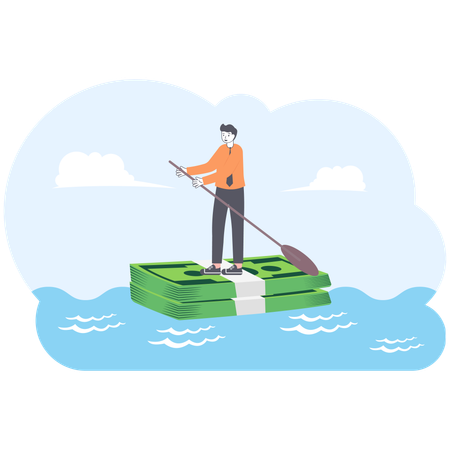 Businessman rowing on  dollar boat in ocean  Illustration