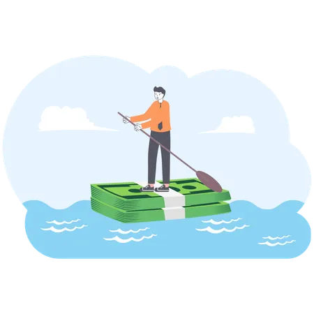 Businessman Rowing On A Dollar Boat In The Ocean Illustration Vector Cartoon Illustration