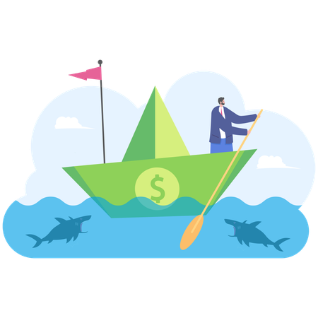 Businessman rowing on  dollar boat in sea surrounded by sharks  Illustration