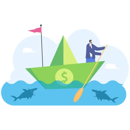 Businessman Rowing On A Dollar Boat In The Sea Surrounded By Sharks Business Financial Concept Illustration