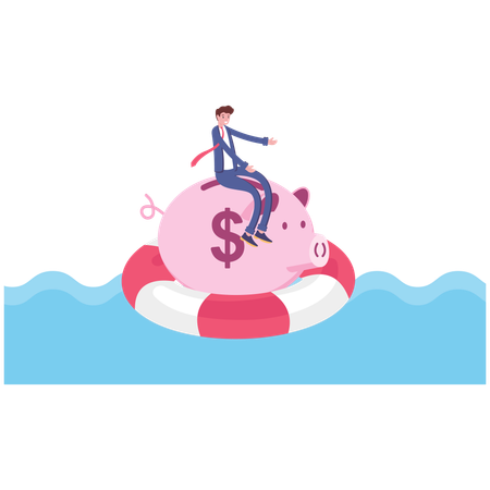 Businessman rowing the piggy bank floating across the ocean  일러스트레이션