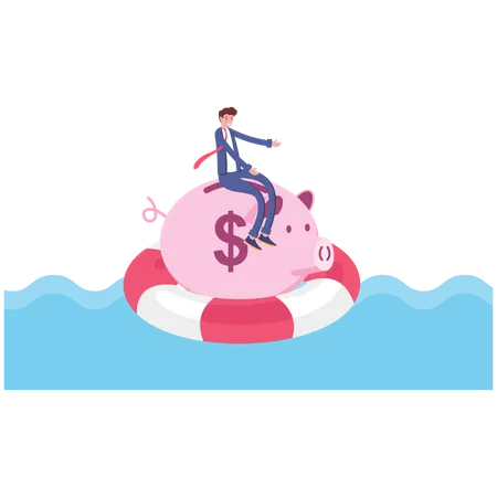 Businessman Rowing The Piggy Bank Floating Across The Ocean Vector Illustration Cartoon 일러스트레이션