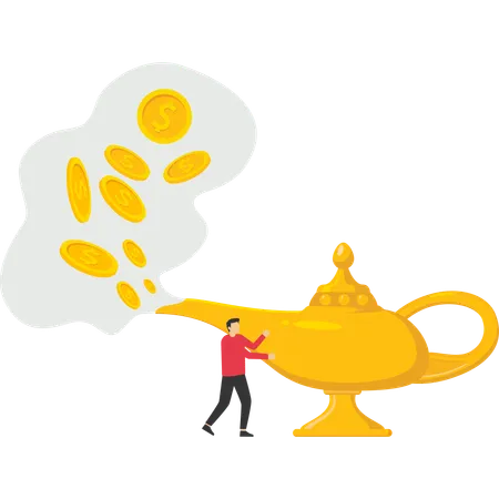 Businessman rubbing magic lamp and getting financial freedom  Illustration