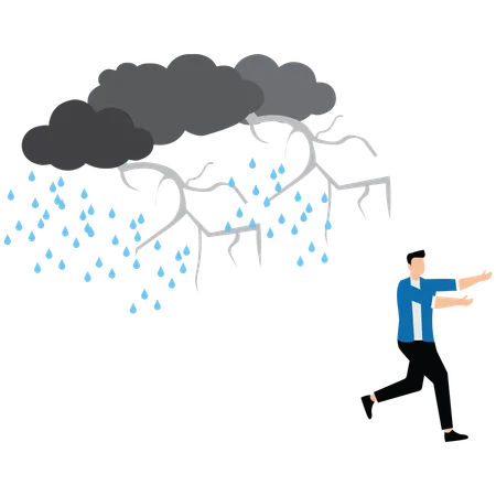 Businessman run away from thunder storm raining  Illustration