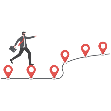 Businessman run on milestone location pin on business roadmap  일러스트레이션
