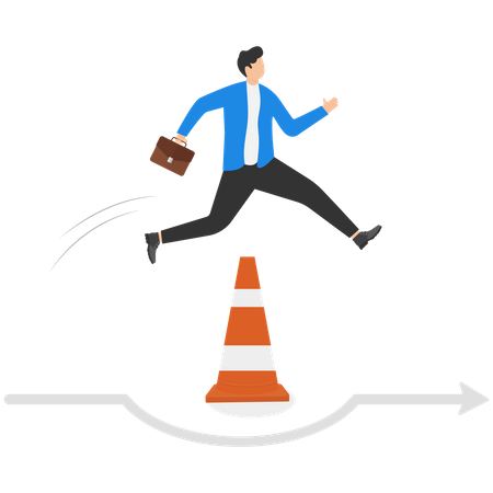 Businessman run the way around and jump past traffic pylon roadblock  Illustration