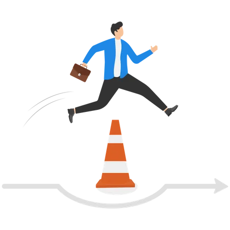 Businessman run the way around and jump past traffic pylon roadblock  Illustration