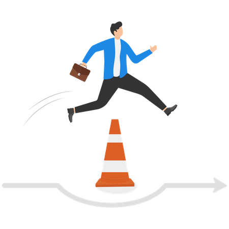 Businessman run the way around and jump past traffic pylon roadblock  Illustration