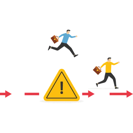 Businessman run way around and jump pass incident with exclamation attention sign  Illustration