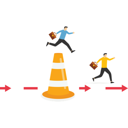 Businessman run way around and jump pass traffic pylon roadblock  Illustration