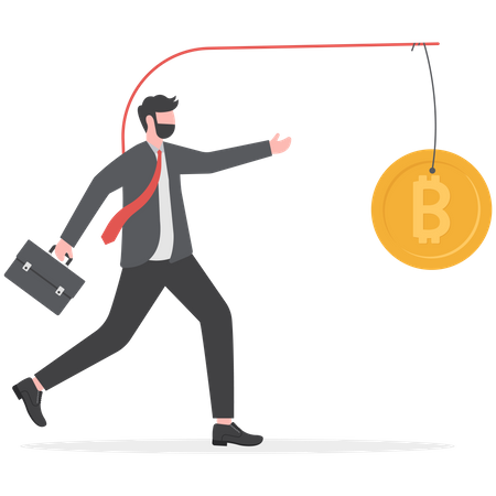 Businessman running after dangling bitcoin  イラスト