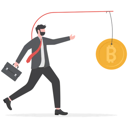 Businessman running after dangling bitcoin  Illustration