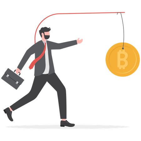 Businessman running after dangling bitcoin  Illustration