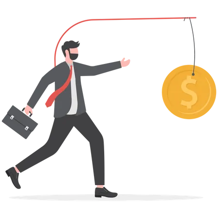 Businessman running after dangling dollar coin  Illustration