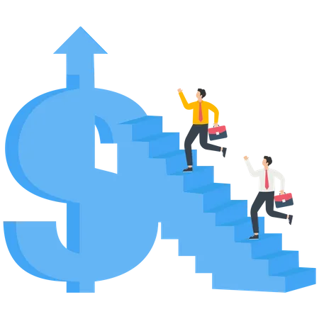 Businessman running along businessman's dollar stairs and arrow upwards  Illustration