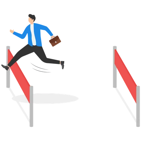 Vector Illustration Of A Businessman Running And Jumping Hurdles Conceptual Design For Overcoming Difficulties In Business Illustration