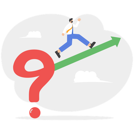 Businessman running and putting solution arrow on question mark problem sign  Illustration