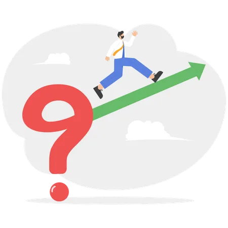 Businessman running and putting solution arrow on question mark problem sign  Illustration