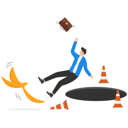 Business Mistake Or Accident Insurance Disaster Suddenly Happened Without Warning Or Risk And Danger In Investment Concept Businessman Running And Slipping With Big Banana Peels On The Ground Illustration