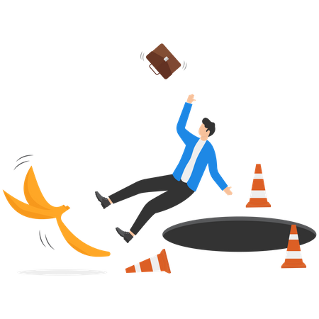 Businessman running and slipping with big banana peels on the ground  Illustration