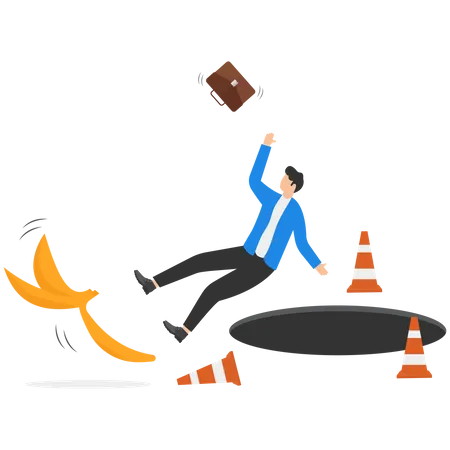 Businessman running and slipping with big banana peels on the ground  Illustration