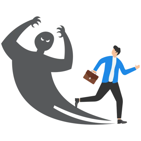 Businessman running away afraid of his own inner evil monster shadow  Illustration