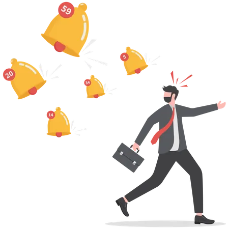Annoy Notifications Disturbing Pop Up Or Online Message Sound Marketing Or Advertising Push Notifications Concept Businessman Running Away From Apps Email And Ringing Bell Notifications Illustration