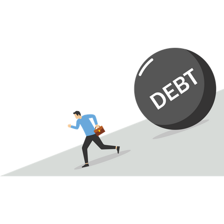 Businessman running away from big debt ball  Illustration