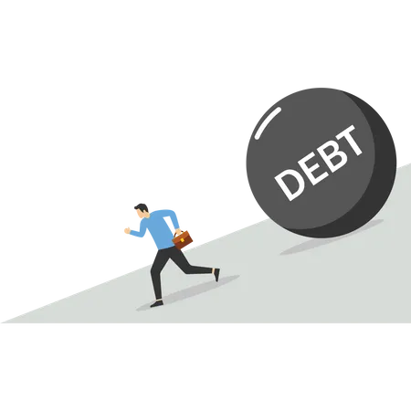 Businessman running away from big debt ball  Illustration