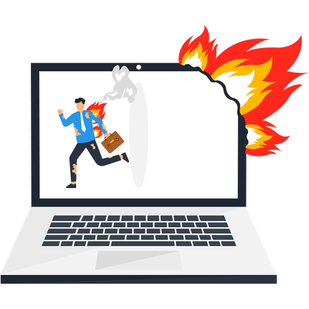 Businessman Running Away from Burning Computer  Illustration