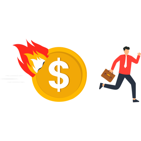 Businessman Running Away from Burning Money Coin  Illustration