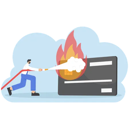 Businessman Running Away From Credit Card With Fire Vector Illustration