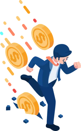 Flat 3 D Isometric Businessman Running Away From Falling Money Financial Crisis And Bankruptcy Concept Illustration