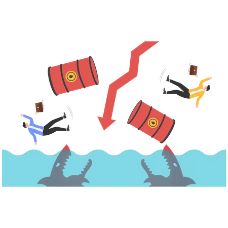 Businessman running away from falling oil barrels  Illustration