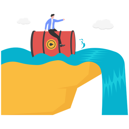 Businessman running away from falling oil barrels  Illustration