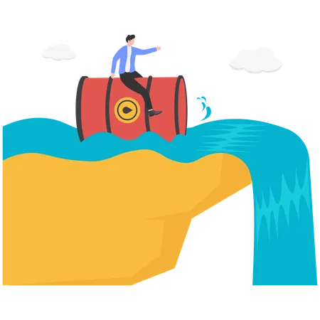 Businessman running away from falling oil barrels  Illustration