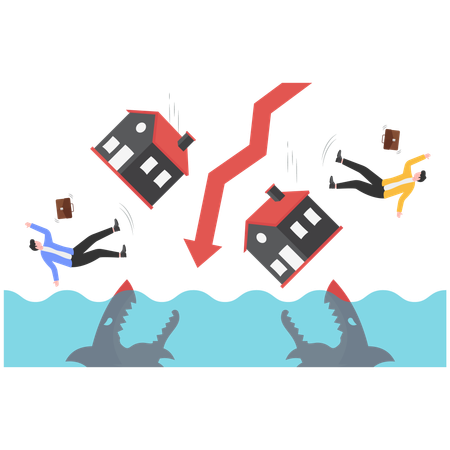 Businessman running away from falling property loss  Illustration