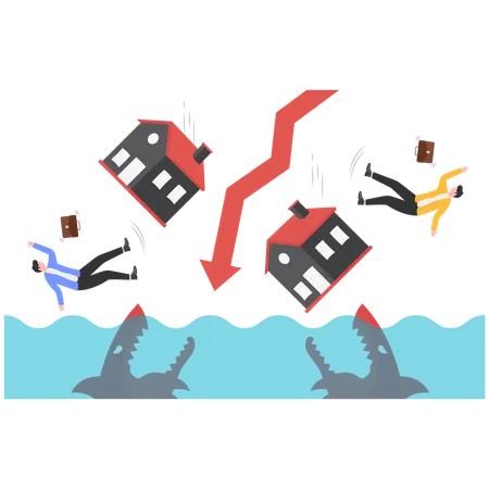 Businessman running away from falling property loss  Illustration